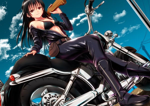 Anime picture 1202x850 with original ano hito single long hair looking at viewer fringe light erotic black hair hair between eyes sitting holding brown eyes sky cloud (clouds) outdoors from below unzipped girl weapon boots