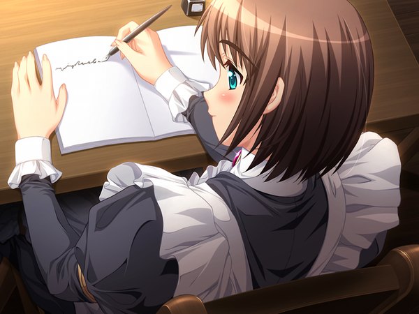 Anime picture 1024x768 with shoukoujo charlotte short hair blue eyes brown hair game cg maid girl