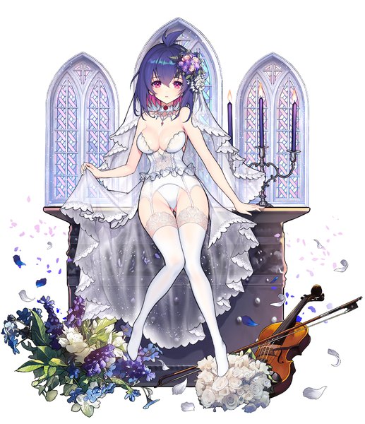 Anime picture 1000x1160 with houchi shoujo xiahou ba kyundoo single tall image looking at viewer fringe breasts light erotic hair between eyes sitting bare shoulders cleavage purple hair full body ahoge pink eyes multicolored hair hair flower arm support