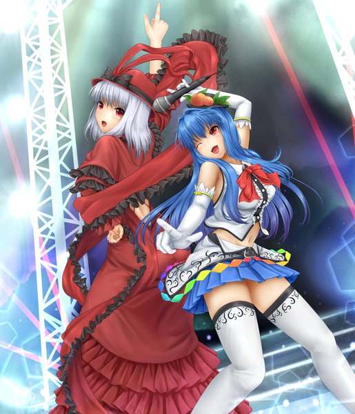 Anime picture 1102x1283 with touhou hinanawi tenshi nagae iku miyako ji long hair tall image short hair open mouth red eyes multiple girls blue hair silver hair back to back girl thighhighs skirt gloves 2 girls hat miniskirt