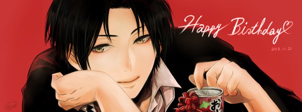 Anime picture 1296x485 with kuroko no basket production i.g takao kazunari heine (pixiv829991) single short hair black hair simple background wide image brown eyes upper body light smile arm support dated red background happy birthday boy can