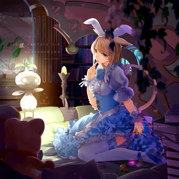 Anime picture 1200x1200 with final fantasy final fantasy xiv square enix miqo'te lili mdoki single long hair fringe breasts blue eyes blonde hair sitting holding animal ears looking away bent knee (knees) indoors tail animal tail short sleeves