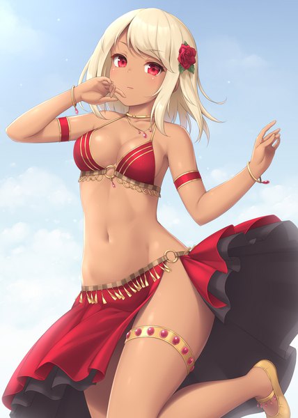 Anime picture 800x1120 with original sasaame single tall image looking at viewer blush fringe short hair breasts light erotic blonde hair red eyes standing sky cleavage cloud (clouds) hair flower sideboob dark skin groin