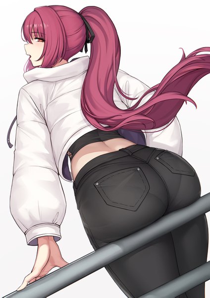 Anime picture 992x1403 with fate (series) fate/grand order scathach (fate) (all) scathach (fate) evan yang single long hair tall image looking at viewer blush fringe open mouth light erotic simple background hair between eyes red eyes white background sitting payot purple hair
