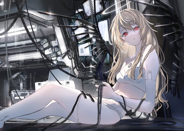 Anime picture 3541x2508 with original nanaponi single long hair looking at viewer fringe highres breasts light erotic blonde hair hair between eyes red eyes sitting holding absurdres indoors head tilt from below girl underwear