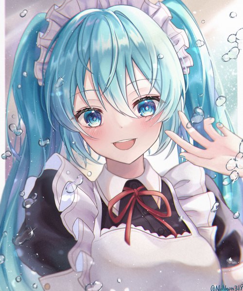 Anime picture 2500x3000 with vocaloid hatsune miku noneon319 single long hair tall image looking at viewer blush fringe highres open mouth blue eyes hair between eyes twintails upper body :d aqua hair maid maid day girl