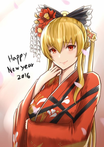 Anime picture 649x915 with granblue fantasy vira lilie vanquice single long hair tall image looking at viewer fringe blonde hair smile hair between eyes red eyes traditional clothes japanese clothes hair flower wide sleeves new year happy new year 2016 girl