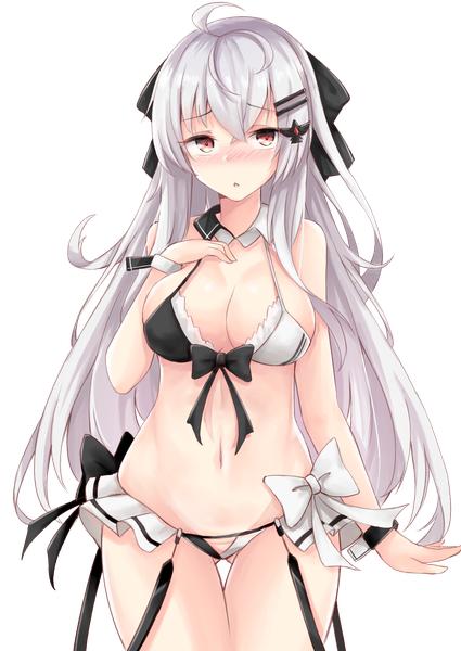 Anime picture 2507x3541 with girls frontline iws-2000 (girls frontline) hakuya (white night) single long hair tall image looking at viewer blush fringe highres breasts open mouth light erotic hair between eyes red eyes large breasts standing bare shoulders cleavage silver hair