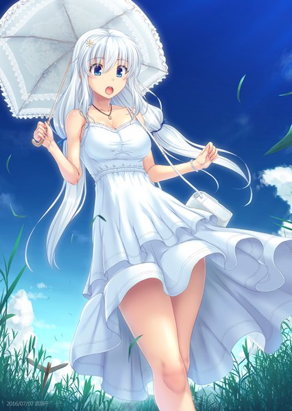 Anime picture 719x1013 with original miyai max single long hair tall image blush open mouth blue eyes sky cloud (clouds) white hair girl plant (plants) umbrella grass sundress