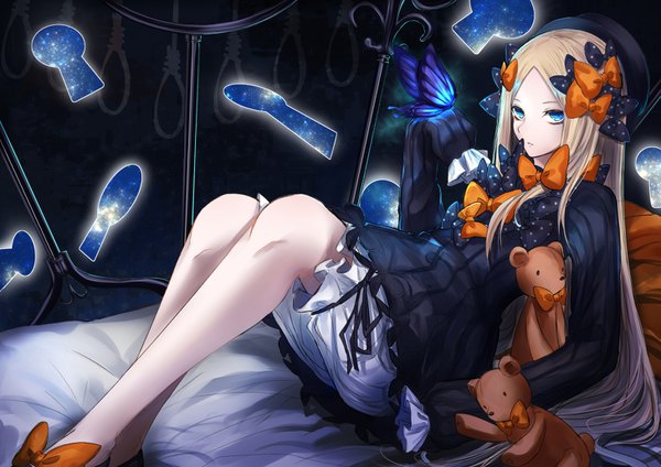 Anime picture 1457x1032 with fate (series) fate/grand order abigail williams (fate) ichinose rom single long hair blue eyes blonde hair long sleeves bare legs reclining butterfly on hand girl bow hair bow hat insect butterfly toy stuffed animal