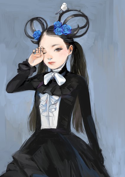 Anime-Bild 2827x4000 mit original zashiki warashi (artist) single long hair tall image looking at viewer blush highres black hair simple background standing twintails upper body long sleeves nail polish one eye closed hair flower horn (horns) grey background multicolored eyes