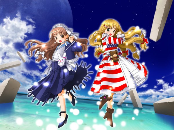 Anime picture 1600x1200 with kusunoki masashige highres sky high heels wallpaper flag print dress shoes boots sea doll (dolls) american flag