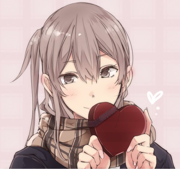 Anime picture 1497x1403 with original touma raito single long hair looking at viewer blush holding brown eyes fingernails side ponytail close-up long fingernails valentine girl ribbon (ribbons) heart scarf box