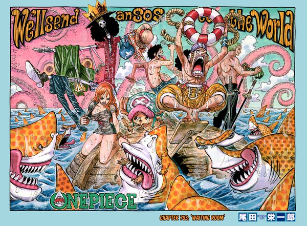 Anime picture 1902x1400 with one piece toei animation nami (one piece) monkey d. luffy roronoa zoro tony tony chopper usopp brook (one piece) oda eiichirou long hair fringe highres short hair breasts open mouth light erotic black hair smile standing holding