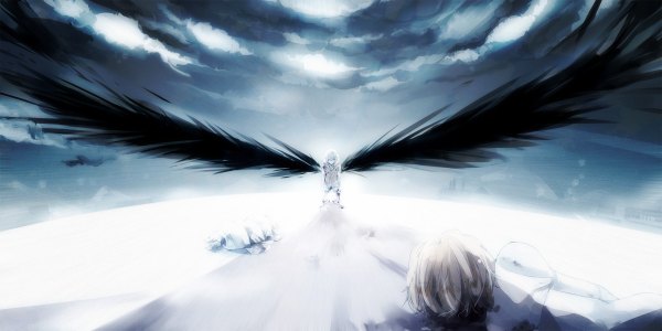 Anime picture 1200x600 with to aru majutsu no index j.c. staff misaka mikoto accelerator last order yuukichi wide image multiple girls sky cloud (clouds) white hair black wings girl boy 2 girls wings jacket child (children)