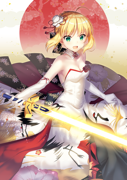 Anime picture 1447x2047 with fate (series) fate/stay night artoria pendragon (all) saber ichiren namiro single tall image looking at viewer blush fringe short hair breasts open mouth blonde hair smile bare shoulders holding green eyes payot cleavage