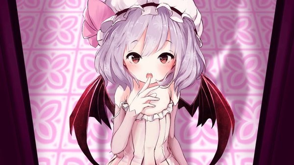 Anime picture 1024x576 with touhou remilia scarlet nekomarieru single looking at viewer blush fringe short hair open mouth red eyes wide image purple hair blurry shadow depth of field finger to mouth symbol-shaped pupils striped strap slip bat wings