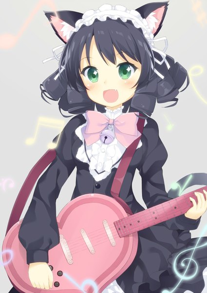 Anime picture 644x910 with show by rock!! studio bones cyan (show by rock!!) strawberry heart maccha single tall image looking at viewer blush fringe short hair open mouth black hair simple background smile hair between eyes green eyes animal ears tail :d