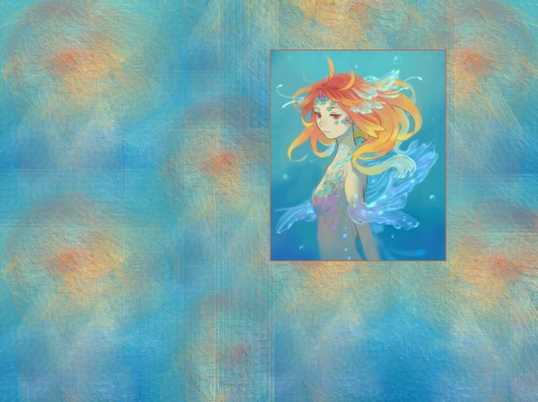 イラスト 1274x954 と tagme (artist) ソロ 長髪 赤い目 肩出し オレンジ髪 blue background underwater framed 透明 女の子 水泡 mermaid