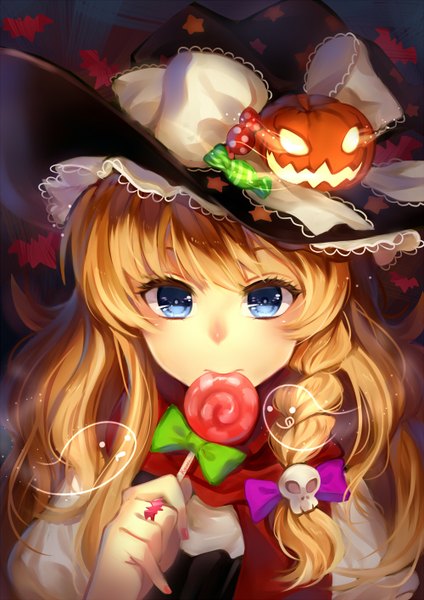 Anime picture 1000x1414 with touhou kirisame marisa kyuri tizu single long hair tall image looking at viewer blue eyes blonde hair braid (braids) halloween girl dress hat food sweets witch hat candy lollipop jack-o'-lantern