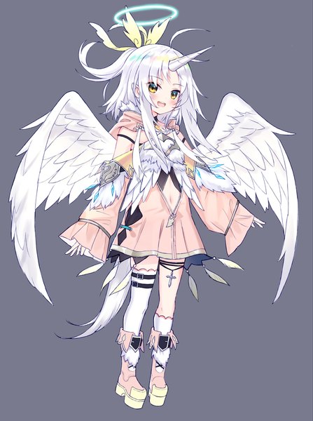 Anime picture 2636x3541 with original satou (3366 s) single long hair tall image looking at viewer highres open mouth simple background smile standing yellow eyes payot full body white hair tail long sleeves horn (horns) grey background wide sleeves