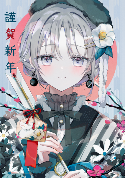 Anime picture 2824x4000 with original syana alice single tall image looking at viewer blush highres short hair smile holding upper body traditional clothes japanese clothes hair flower grey hair grey eyes new year nengajou girl flower (flowers)