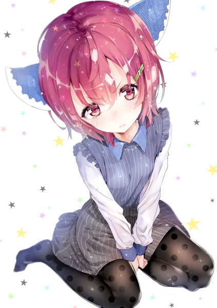 Anime picture 600x850 with life alive! chelsea stardust nekometaru single tall image looking at viewer blush short hair sitting animal ears pink hair bent knee (knees) pink eyes from above cat ears kneeling striped polka dot shiny girl