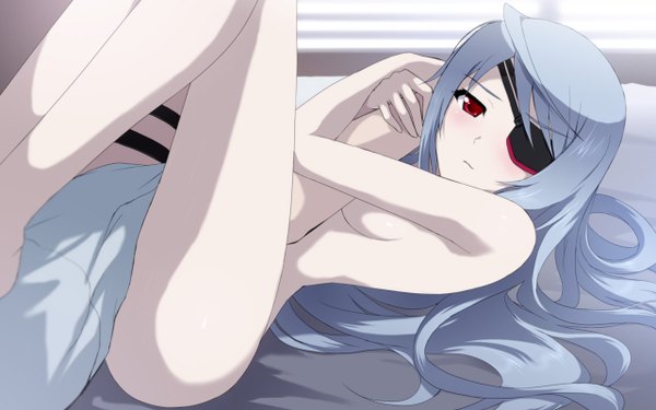 Anime picture 1280x800 with infinite stratos 8bit laura bodewig cait long hair light erotic red eyes wide image silver hair lying girl eyepatch
