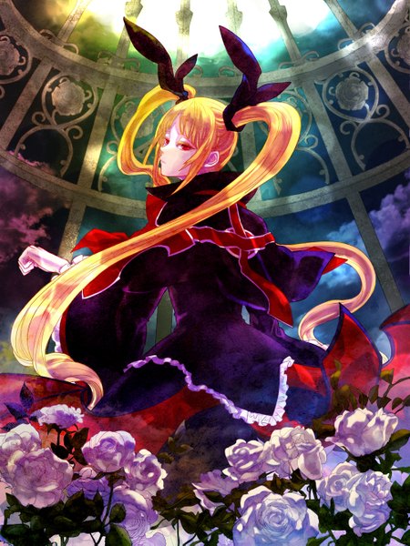 Anime picture 1000x1333 with blazblue rachel alucard 6bla single long hair tall image blonde hair red eyes twintails cloud (clouds) loli girl dress flower (flowers) bow hair bow moon