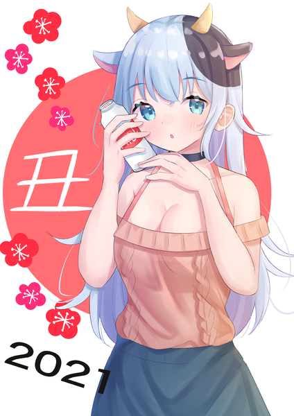 Anime picture 2894x4093 with original yuuna (vhux2273) single long hair tall image looking at viewer blush highres breasts light erotic large breasts animal ears cleavage silver hair multicolored hair horn (horns) aqua eyes two-tone hair :o new year