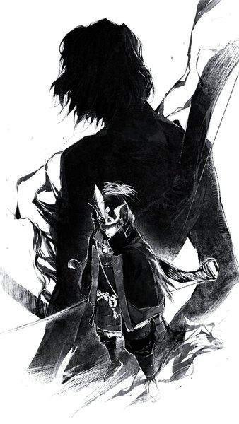 Anime picture 712x1263 with sekiro: shadows die twice from software genichiro ashina megasus tall image short hair simple background standing white background full body traditional clothes japanese clothes monochrome multiview samurai boy weapon sword katana