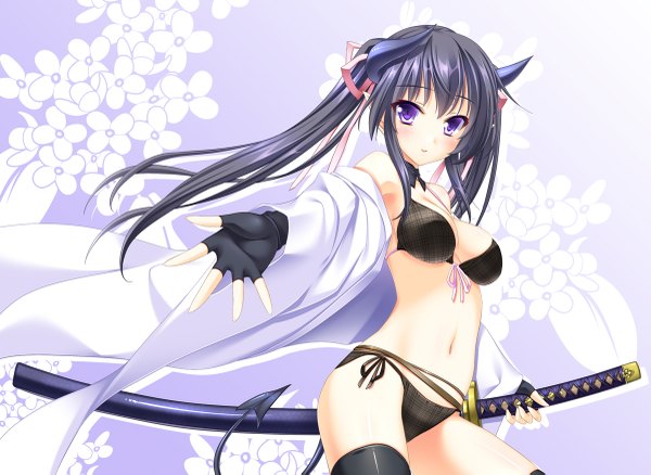 Anime picture 1200x877 with original pixiv fantasia pixiv fantasia sword regalia argenteumastrum single long hair breasts light erotic black hair twintails purple eyes tail girl thighhighs navel ribbon (ribbons) weapon black thighhighs swimsuit hair ribbon