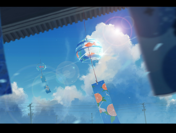 Anime-Bild 5000x3797 mit original lxc highres absurdres sky cloud (clouds) lens flare letterboxed no people summer power lines wind chime