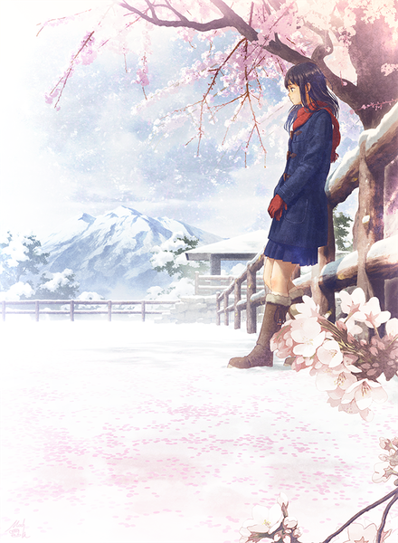 Anime picture 734x1000 with original mocha (cotton) single long hair tall image black hair standing looking away sky cloud (clouds) full body outdoors profile pleated skirt black eyes cherry blossoms winter snow mountain girl