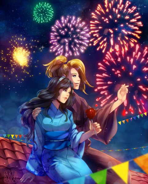 Anime picture 723x900 with naruto studio pierrot naruto (series) deidara akubaka long hair tall image blue eyes black hair blonde hair red eyes sitting traditional clothes japanese clothes night night sky couple hug wavy hair hand on another's shoulder