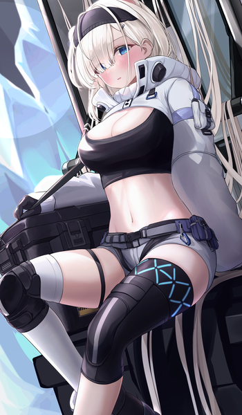Anime picture 2100x3600 with arknights aurora (arknights) aurora (elite ii) (arknights) iluda single tall image looking at viewer blush fringe highres breasts blue eyes light erotic large breasts sitting animal ears white hair blunt bangs very long hair hair over one eye
