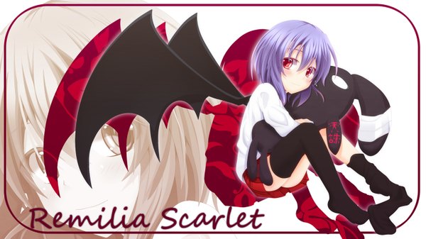 Anime picture 1366x768 with touhou remilia scarlet ghost okada single looking at viewer blush short hair red eyes wide image purple hair character names girl thighhighs skirt black thighhighs miniskirt wings toy stuffed animal