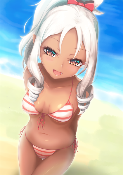 Anime picture 842x1200 with eromanga sensei a-1 pictures yamada elf saboten teishoku single long hair tall image blush fringe breasts open mouth light erotic smile standing bare shoulders brown eyes payot outdoors white hair ponytail
