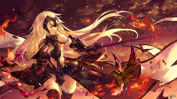 Anime picture 1600x900 with fate (series) fate/grand order jeanne d'arc (fate) (all) jeanne d'arc alter (fate) jeanne d'arc alter (avenger) (third ascension) (fate) atdan single long hair blush light erotic blonde hair wide image signed yellow eyes looking away wind warrior girl thighhighs weapon