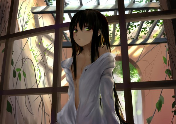 Anime picture 1600x1131 with original ashzone single long hair looking at viewer light erotic black hair smile bare shoulders green eyes sunlight open clothes open shirt sunbeam girl plant (plants) shirt white shirt leaf (leaves) arch