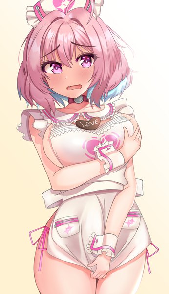 Anime picture 2595x4500 with idolmaster idolmaster cinderella girls yumemi riamu reichidad single tall image looking at viewer blush fringe highres short hair breasts open mouth light erotic simple background hair between eyes standing white background pink hair ahoge