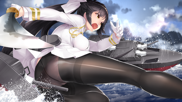 Anime picture 3500x1969 with azur lane takao (azur lane) rin2008 single long hair fringe highres open mouth light erotic black hair wide image holding yellow eyes looking away sky cloud (clouds) outdoors ass ponytail blunt bangs