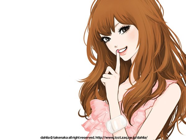 Anime picture 1141x862 with takenaka single long hair looking at viewer simple background smile brown hair white background signed nail polish black eyes sleeveless finger to mouth girl frills bracelet