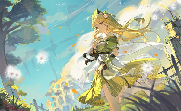 Anime picture 3840x2347 with atelier (series) atelier ayesha gust (company) ayesha altugle al guang single long hair looking at viewer highres blonde hair wide image standing yellow eyes absurdres outdoors wind girl dress flower (flowers) plant (plants)