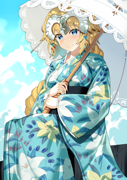 Anime picture 990x1400 with fate (series) fate/grand order jeanne d'arc (fate) (all) jeanne d'arc (fate) akae neo single long hair tall image looking at viewer blush fringe blue eyes blonde hair smile sitting holding sky cloud (clouds) outdoors braid (braids)