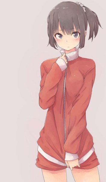 Anime picture 882x1501 with original rutchifu single tall image looking at viewer blush fringe short hair black hair simple background standing black eyes grey background side ponytail adjusting clothes girl uniform jacket shorts scrunchie