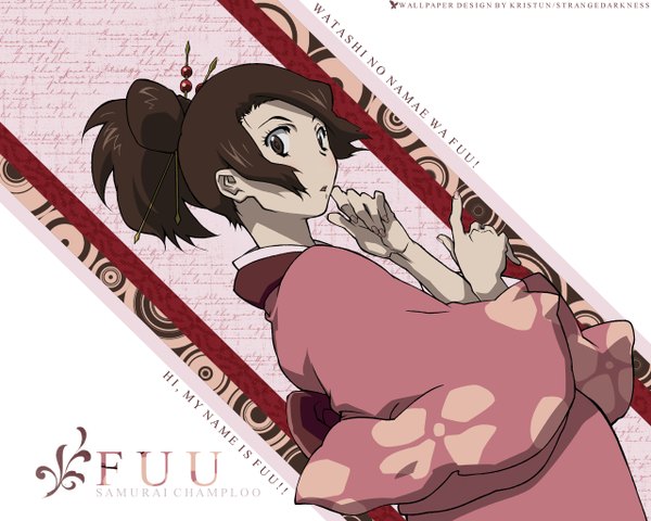 Anime picture 1280x1024 with samurai champloo fuu (samurai champloo) single brown hair brown eyes signed japanese clothes looking back from behind wallpaper girl yukata