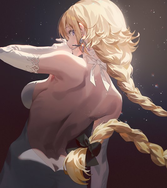 Anime picture 888x1000 with fate (series) fate/grand order fate/apocrypha jeanne d'arc (fate) (all) jeanne d'arc (fate) fajyobore single long hair tall image looking at viewer fringe breasts blue eyes light erotic simple background blonde hair standing bare shoulders payot braid (braids)