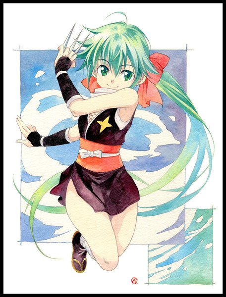 Anime picture 760x1000 with keroro gunsou azumaya koyuki agahari single tall image looking at viewer smile green eyes ponytail very long hair green hair jumping traditional media watercolor (medium) girl bow weapon hair bow detached sleeves obi