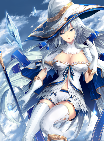 Anime-Bild 800x1075 mit original limeblock single long hair tall image breasts open mouth blue eyes light erotic sky silver hair cloud (clouds) witch girl gloves hat boots white gloves thigh boots witch hat